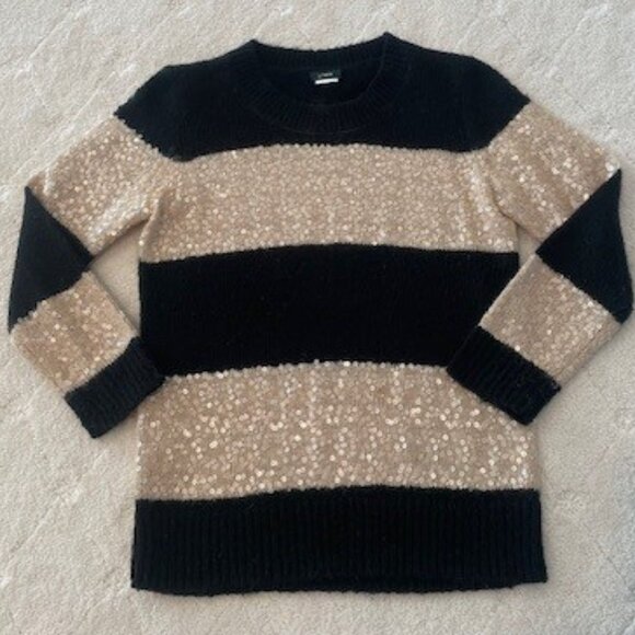 J Crew Black & Tan Stripe Sequin Crewneck Sweater  – SZ XS - Picture 1 of 5